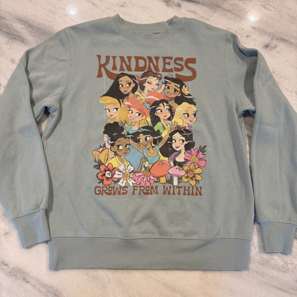Disney Princess Graphic Crewneck Sweatshirt Adult Sz S “Kindness Grows…” Lt Blue